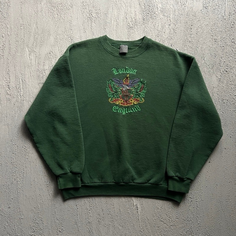 Vintage London England Sweatshirt Mens Medium Green 1990s Embroidered